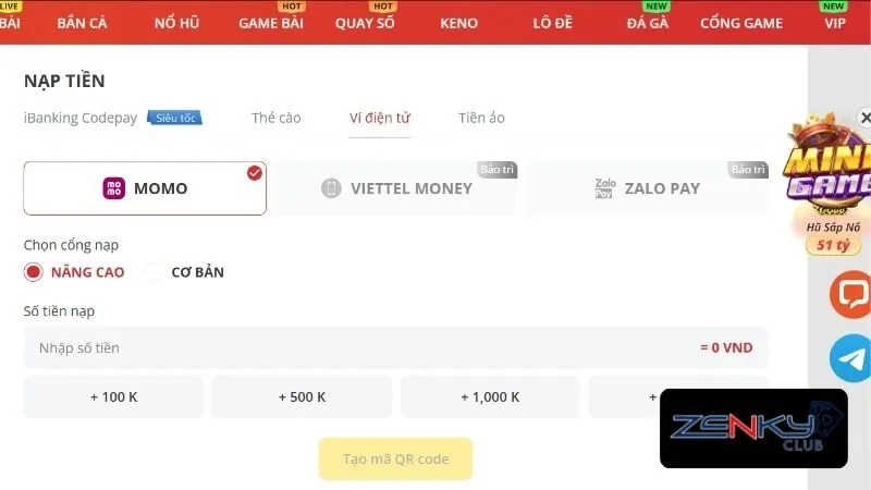 Nạp tiền Zenky qua ví điện tử